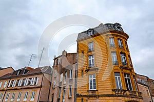 Street view and typical french buildings in Metz, France