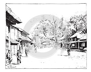 A street view of Yedo, Japan, vintage engraving