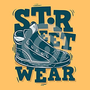 Street Wear Label Design With A Sneaker Illustration. Vector Gra