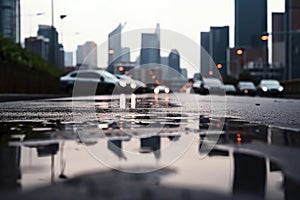 street with wet asphalt surface and blurred city skyline in the background