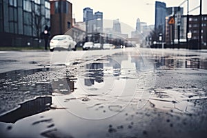 street with wet asphalt surface and blurred city skyline in the background