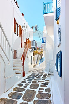 Street with whitewashed houses in Mykonos