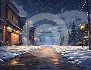 Street in the winter night, snowing