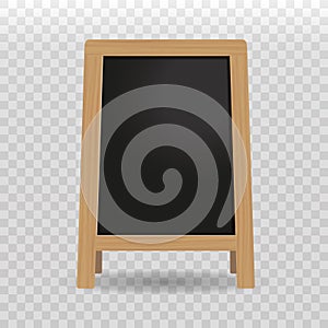Street wooden black chalkboard. Mockup. Vector 3d realistic. Empty template with wooden frame isolated on transparent. Outdoor sta