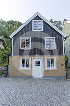 Street with wooden old houses in KungÃ¤lv, Sweden