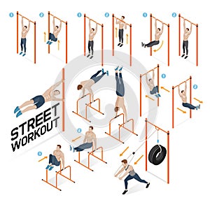 Street workout exercises. illustrations. photo