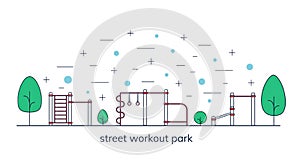 Street workout place or park. Sport playground. Line art style.