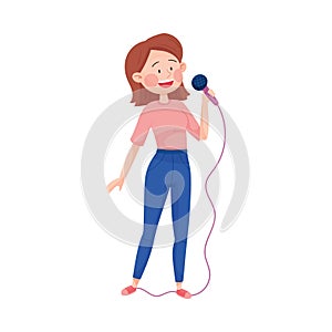 Street Young Girl Performer Holding Microphone and Singing Song Vector Illustration