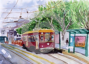 Streetcar watercolor sketch