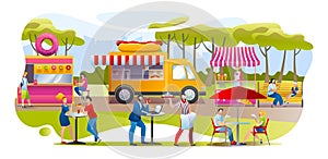 Streetfood in park, vector illustration. Man woman people character eating donuts, hot dog and ice cream outdoor, flat photo