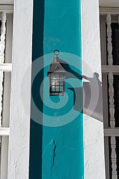 streetlamp lantern on blue house. streetlamp lantern outdoor. photo of streetlamp lantern