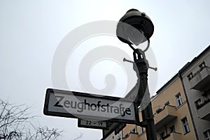 Streetlamp with sign in the center of Berlin
