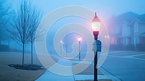 Streetlights cast a warm glow on a foggy suburban neighborhood at dawn, AI photo