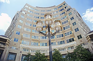 Streetlights in front of Reston, VA town center, a planned community