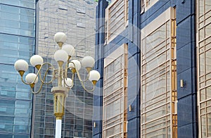 Streetlights and office building