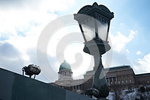 Streetlights from the Szechenyi chain bridge in Budapest