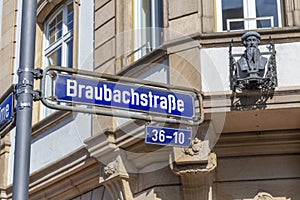 Streetname Braubachstrasse - engl: brewery creek street - in the heart of old town in Frankfurt