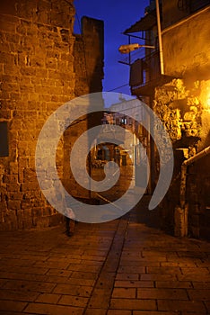 Streets of ancient city of akko at night. Israel