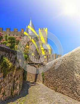 Streets of the castle of Carcassonne, France on sunlight