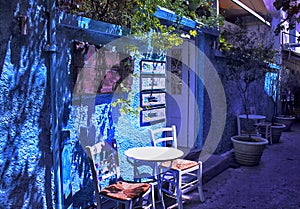 Streets city of Aegina with charming cafes, Aegina Island, Saronic Gulf, Greece