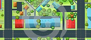 Streets of city. Top View from above. Small town house and road. Map with roads, trees and buildings. Modern car