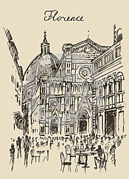 Streets Florence Italy Trevi Fountain Hand Drawn