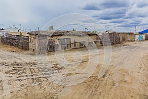 Streets in former port town Moynaq Mo ynoq or Muynak , Uzbekist