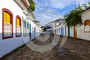 Streets and houses of historical center in Paraty Rio de Janeiro, Brazil. Sunny day in Paraty. Paraty is colonil city listed