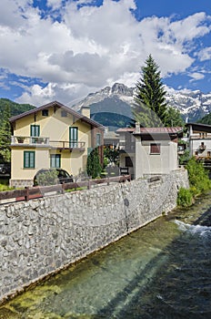 Streets and houses in the mountain town of Alpine Italian Ponte di Legno region Lombaridya Brescia, northern Italy photo