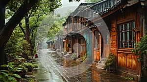 The Streets of Jiangnan Ancient Town Are Lined With Trees During Rain on Blurry Background