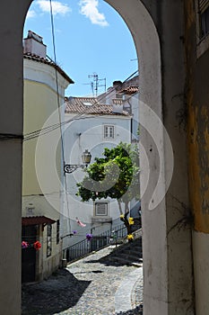 Streets of Lisbon. Historic buildings photo