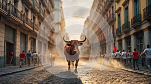 The streets with a majestic bull during San FermÃ­n tradition. Generative AI photo