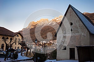 Streets of Moena in winter, Trenito, Italy.