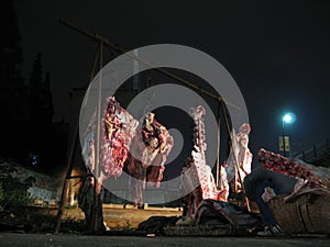 Streets of the old China ,night meat market