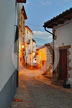 Streets of the old town Ares in Spain. Evening time.