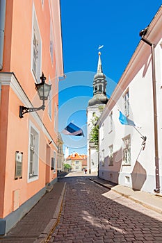 Streets of old town with St. MaryÃ¢â¬â¢s Cathedral Dome Church, Tallinn, Estonia