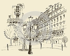 Streets in Paris, France, vintage engraved illustration, hand drawn photo