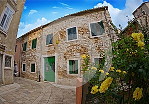 Streets of Porec with calm, colorful building facades in Croatia, Istria