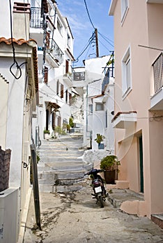 Streets of Skiathos island in Greece, houses