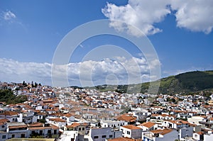 Streets of Skiathos island in Greece, houses roofs