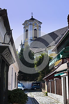 The streets of the tourist town of Szentendre with shops and restaurants.