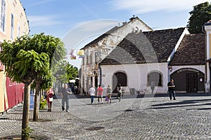 The streets of the tourist town of Szentendre with shops and restaurants.