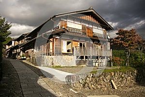 Streets and traditional Japanese houses at Magome Juku town along the Nakasendo trail in Kiso Valley, Japan.