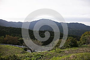 Streets and traditional Japanese houses at Magome Juku town along the Nakasendo trail in Kiso Valley, Japan.