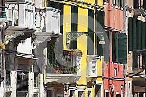 The streets of Venice. Beautiful multi-colored houses. The windows are closed with wooden shutters. Stunning lancet windows