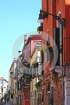 The streets of Venice. Beautiful multi-colored houses. The windows are closed with wooden shutters. Stunning lancet windows