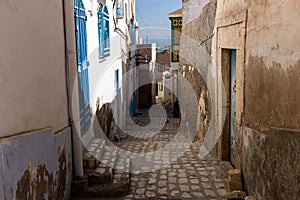 Streets and walls and fortress of the Medina of Sousse in Tunisia