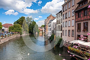 Streets and water canal Petite France in Strasbourg. Alsace