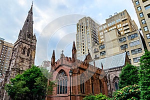 Streetscape with historic churches in Philly