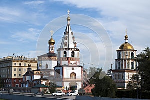 Streetscape including ornate buildings of the Epiphany Cathedral